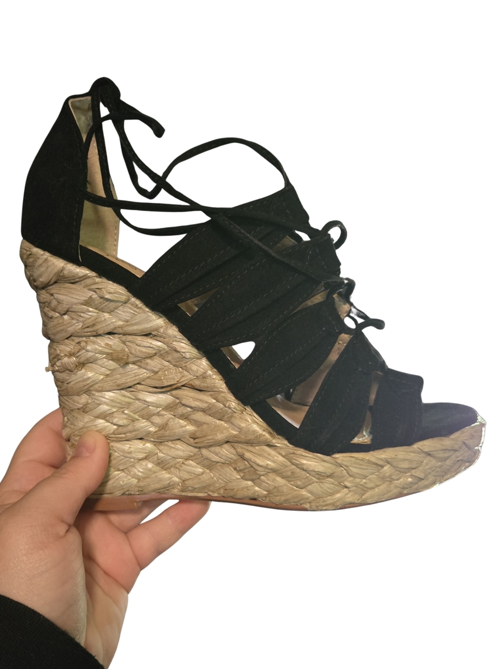 Colin Stuart Black Y2k Lace-Up Espadrille Wedge Sandals 6.5